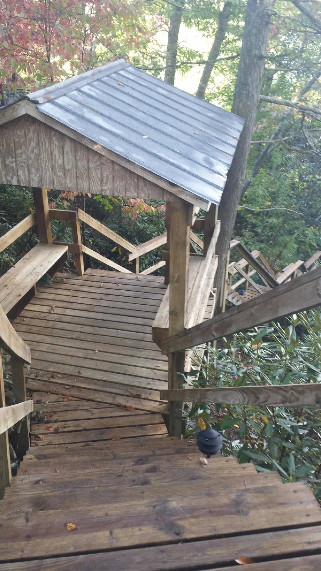 Metal roofed shelter over wooden steps on a wooded walkway — Skylight Repair & Installation work by our crew in Hillpoint